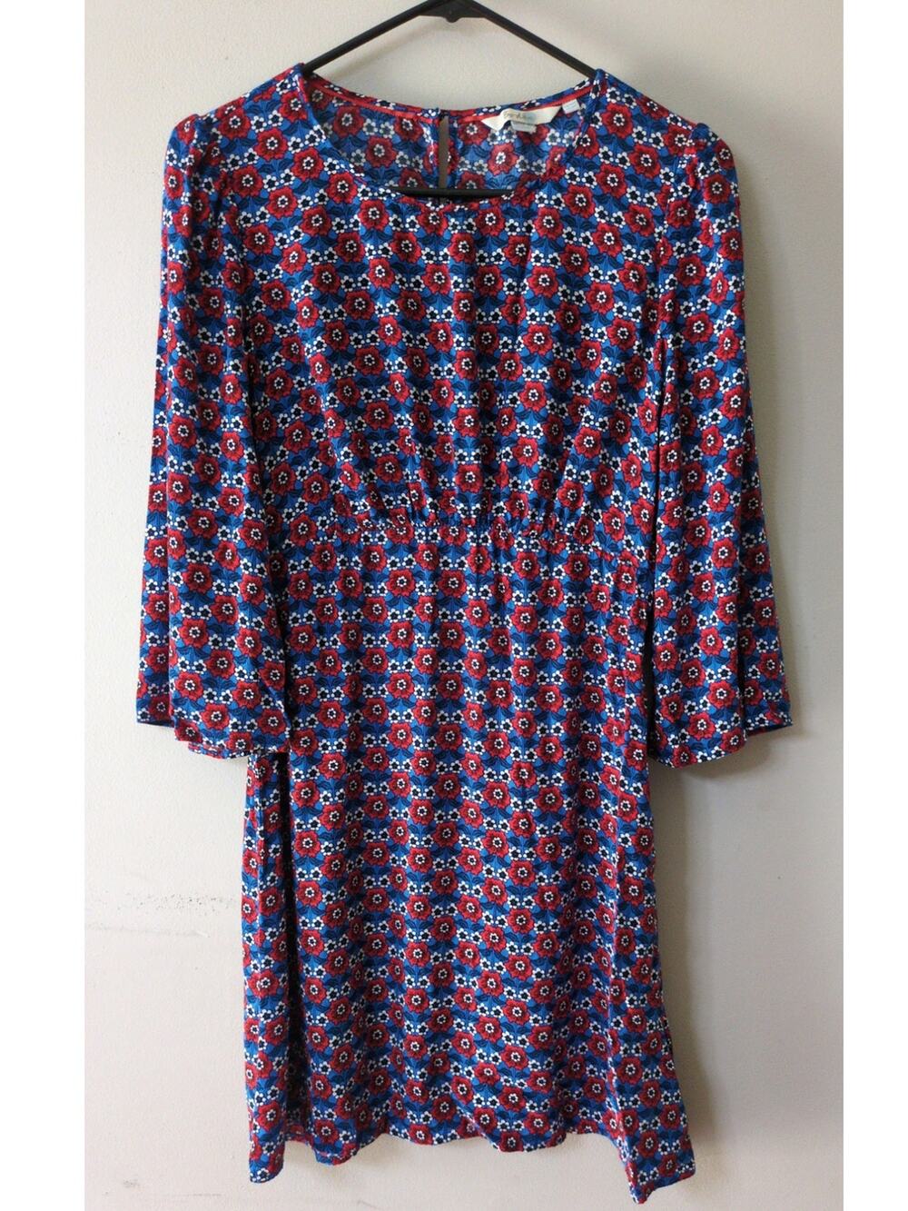 Boden 6P Celia Fit and Flare Dress Blue Red Delicate Floral Print Long Sleeve